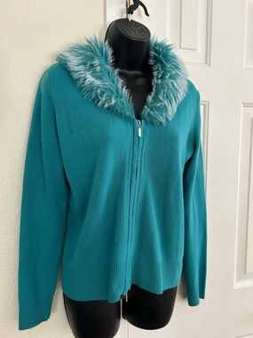 90s/Y2K Zip-Front Sweater Cardigan with Faux-Fur Collar